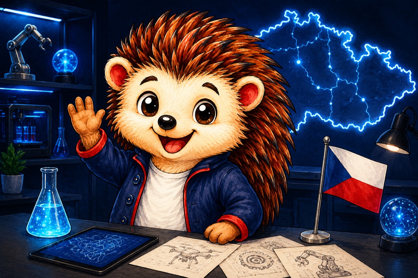 Kamo the hedgehog waving from the Kamo Labs laboratory